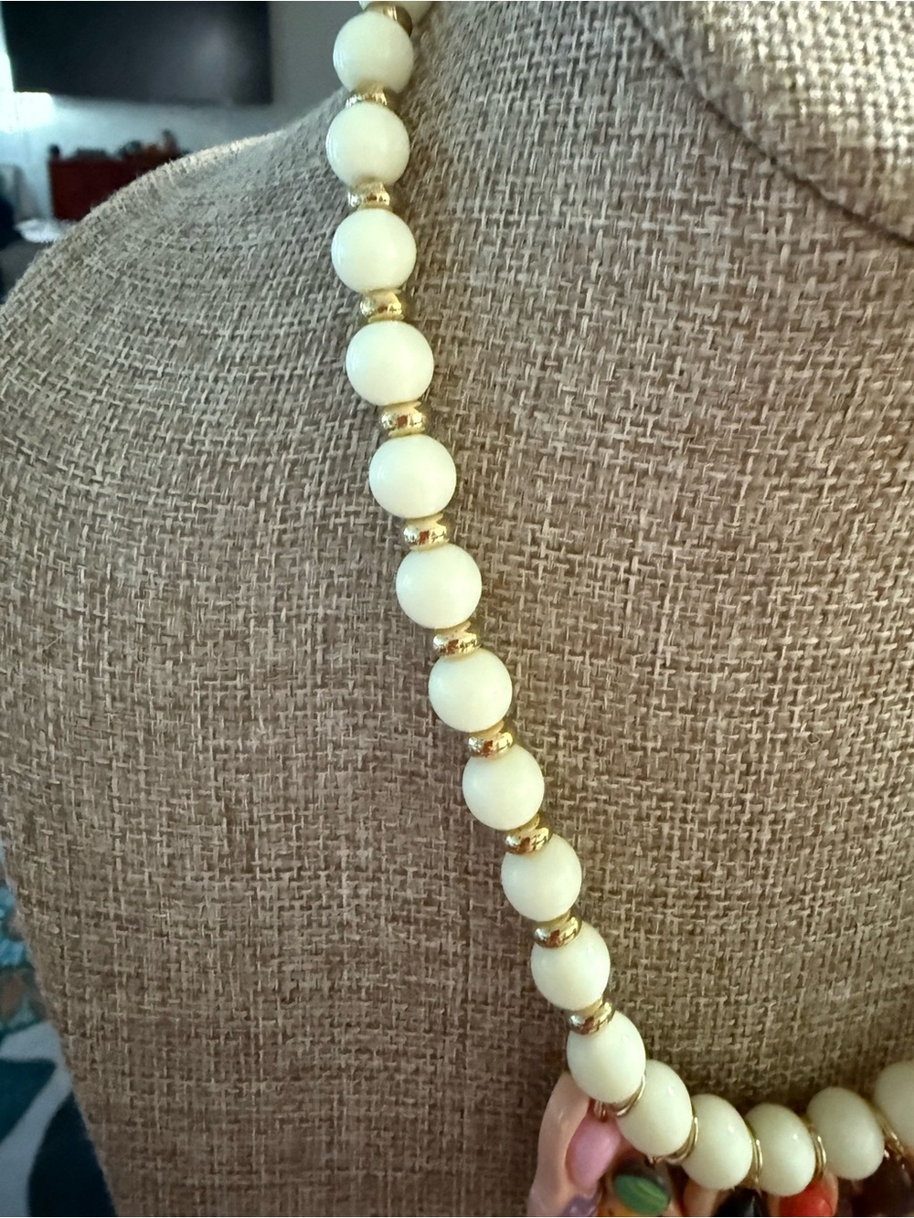White Beaded Necklace with Gold Accents and Multicolor Swimmer Charms - Picture 9 of 10
